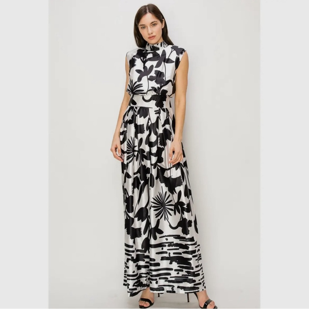 INA Women's Satin Floral Print Mock Neck Wide Leg Jumpsuit